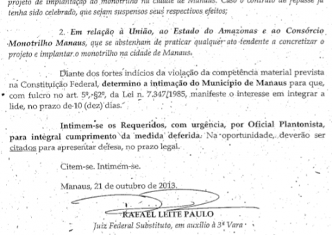Justiça Federal suspende repasse de verbas para construção de monotrilho em Manaus
