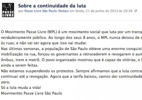 MPL volta atrás e mantém protestos em SP
