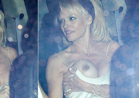  Vestido de Pamela Anderson escorrega e deixa seio completamente à mostra