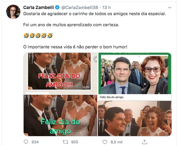 Carla Zambelli posta foto com Sérgio Moro no dia do amigo