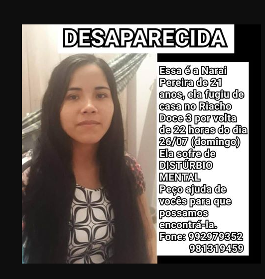 Família procura por jovem de 21 anos desaparecida em Manaus