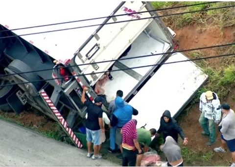 Populares saqueiam carne após caminhão frigorífico tombar em estrada
