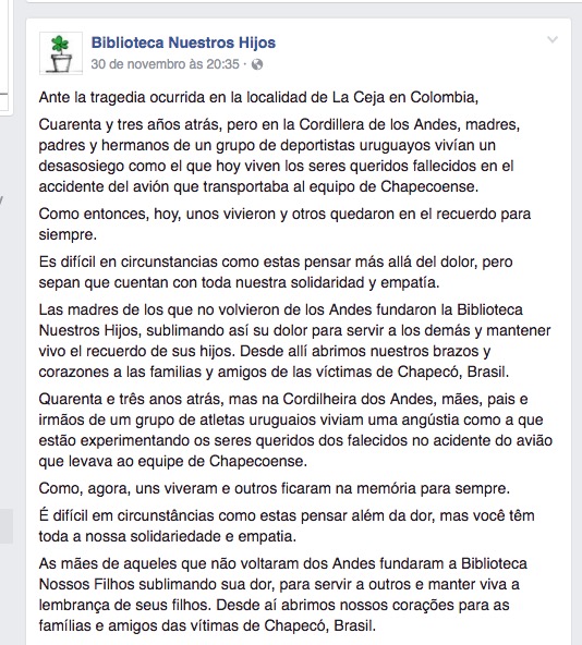 Mães de jogadores mortos na tragédia em 1972, enviam mensagem de solidariedade a Chapecoense 
