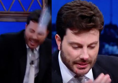 Danilo Gentili leva garrafada no rosto e sangra durante programa