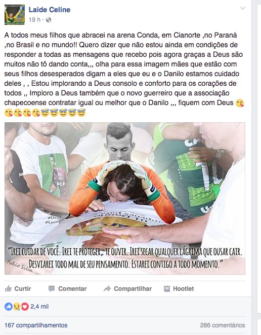 Mãe do goleiro Danilo, da Chapecoense, publica foto com filho e agradece apoio