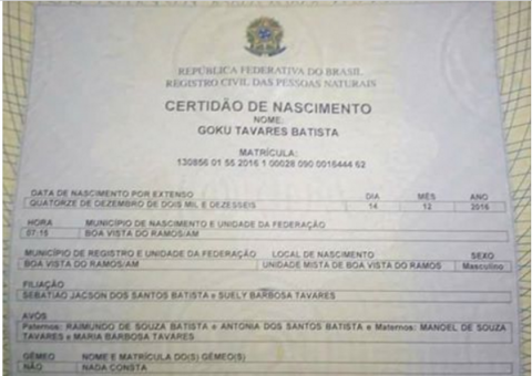 No Amazonas, bebê é registrado com nome Goku e certidão viraliza na web