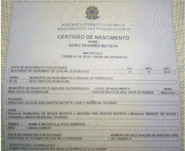 No Amazonas, bebê é registrado com nome Goku e certidão viraliza na web