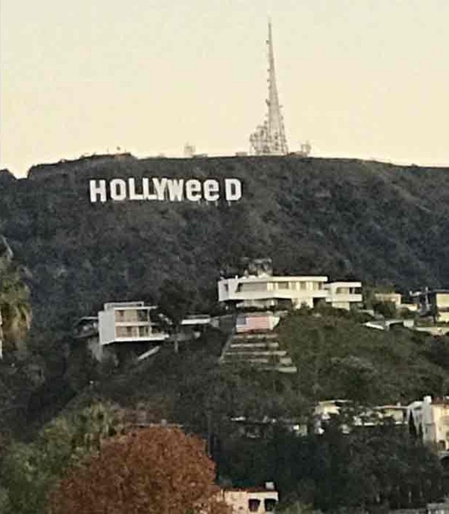 Placa de Hollywood amanhece trocada com alusão a maconha