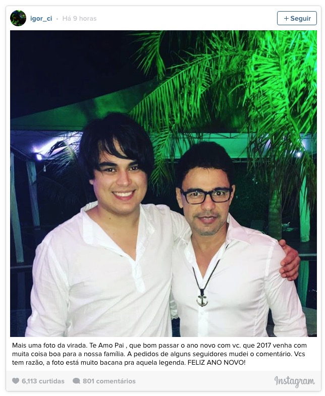 Filho de Zezé Di Camargo se irrita na web após críticas em foto com o pai