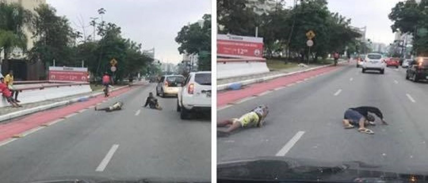 Grupo se joga no asfalto para  parar trânsito e assaltar motoristas