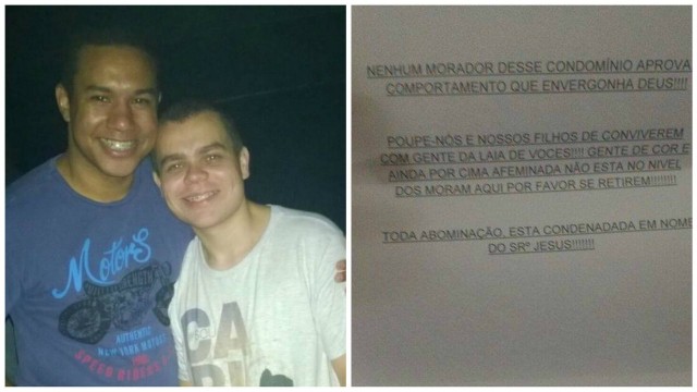 Casal gay recebe recado homofóbico e racista em condomínio