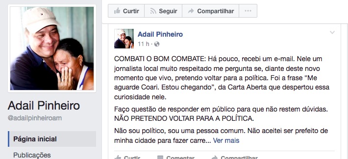 Adail Pinheiro anuncia oficialmente que está fora da política e que só quer voltar para casa