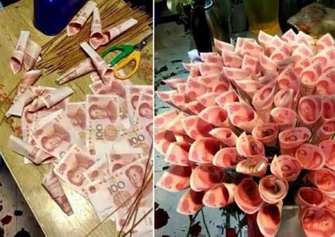 Homem presenteia namorada com buquê de dinheiro no valor de R$ 4 mil 