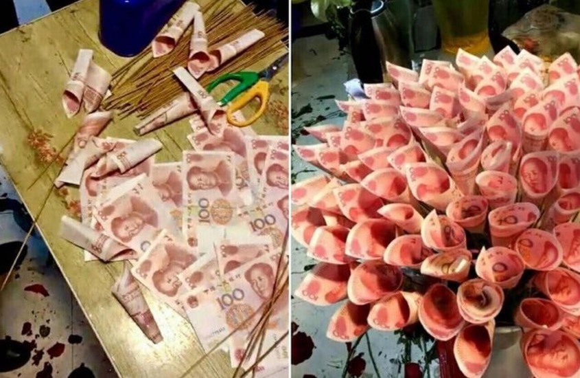 Homem presenteia namorada com buquê de dinheiro no valor de R$ 4 mil 