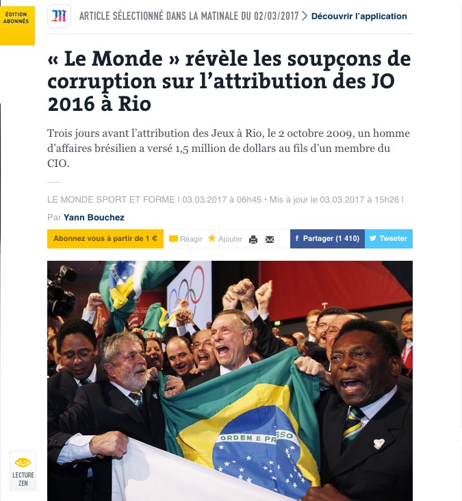 Jornal francês denuncia possível compra de votos para Rio sediar Olimpíada