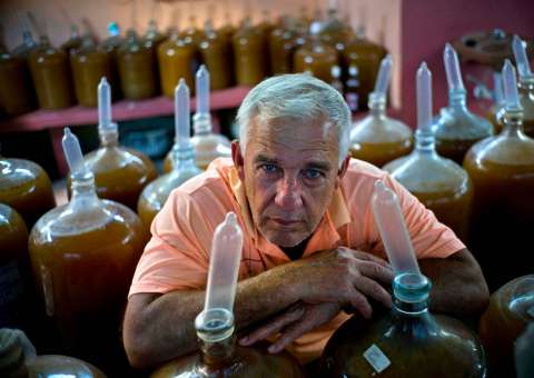 Homem usa camisinhas para fechar galões de vinho para vinificação