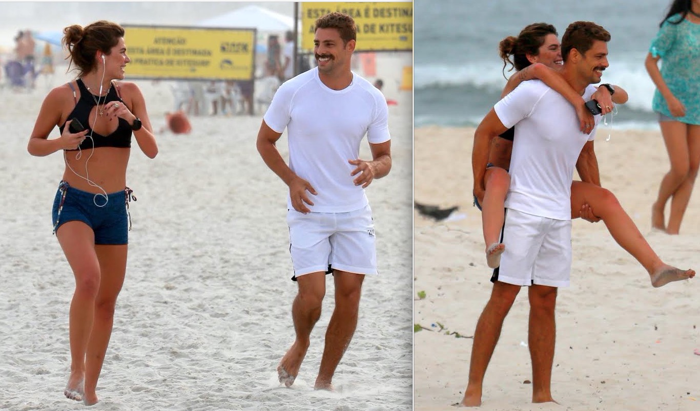 Cauã Reymond corre com namorada na praia e passa por situação inusitada envolvendo Grazi  