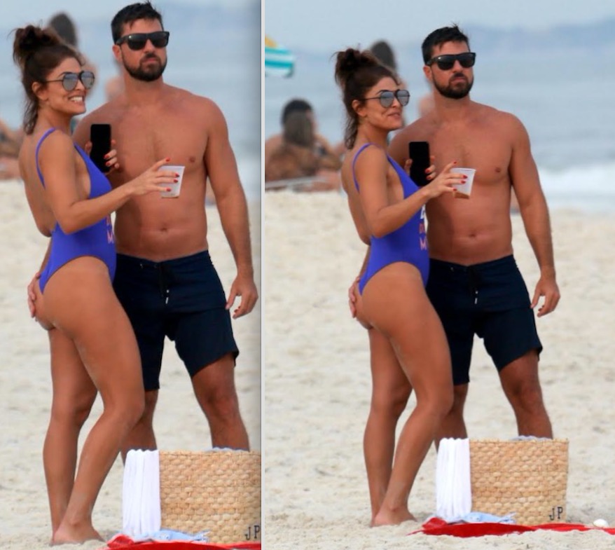 Com bumbum generoso à mostra, Juliana Paes é apalpada pelo marido na praia