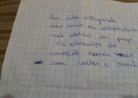 Ladrão se arrepende após roubar objetos e deixa bilhete com pedido de desculpas