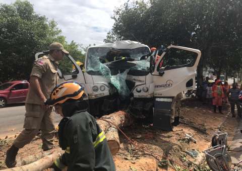 Motorista fica preso nas ferragens após colisão de caminhão com árvore