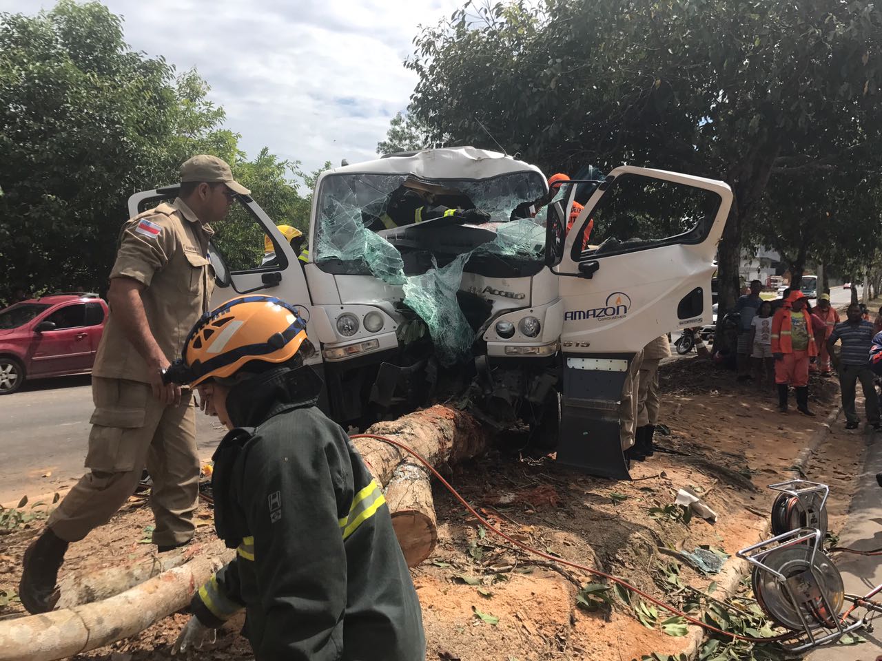 Motorista fica preso nas ferragens após colisão de caminhão com árvore