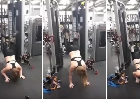Sem querer, mulher mostra demais durante exercício bizarro em academia. Veja vídeo    