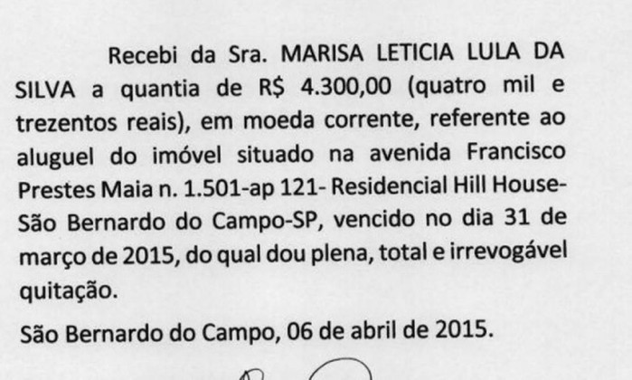 Defesa de Lula apresenta a Moro recibos de aluguel de cobertura em São Bernardo do Campo
