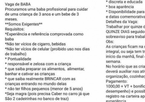 Anúncio de emprego que exige ‘babá magra’ causa revolta na web 