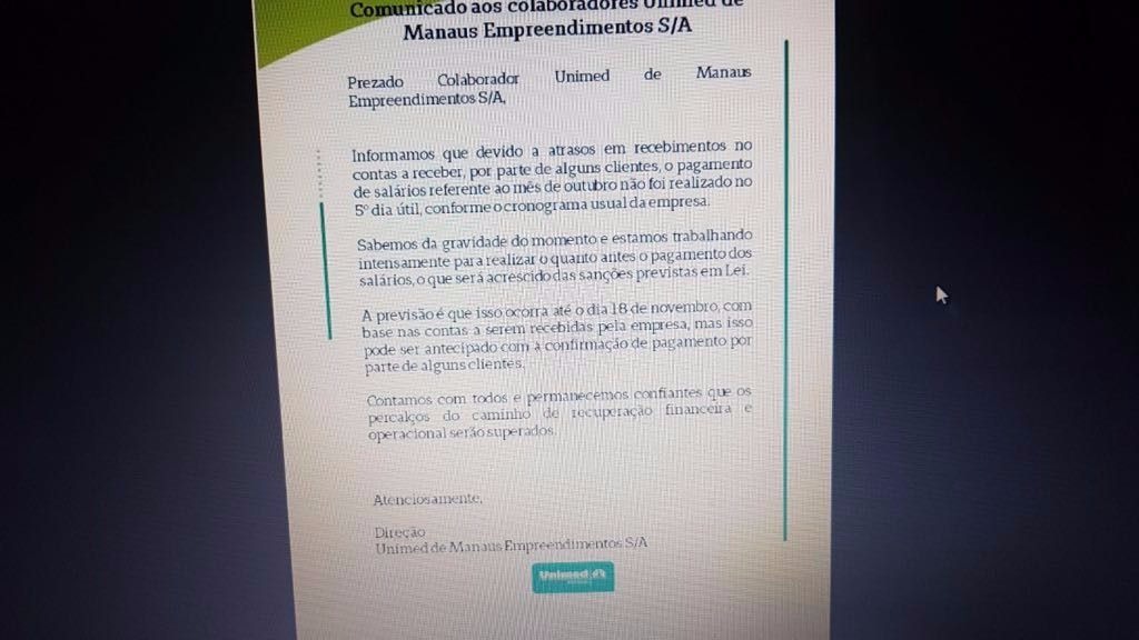 Unimed Manaus atrasa pagamento de funcionários e gera revolta