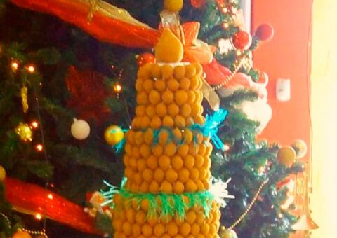 Clientes vão a loucura com árvore de natal de coxinhas em loja 