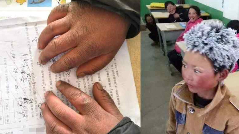 Criança aparece com cabelo congelado após andar por 1h durante inverno para fazer prova