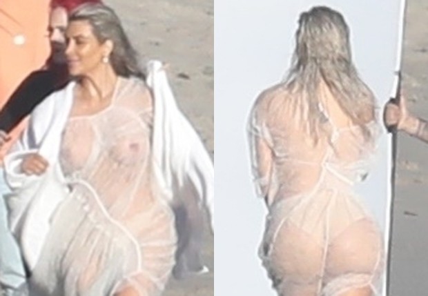   Kim Kardashian é fotografada com seios à mostra na praia