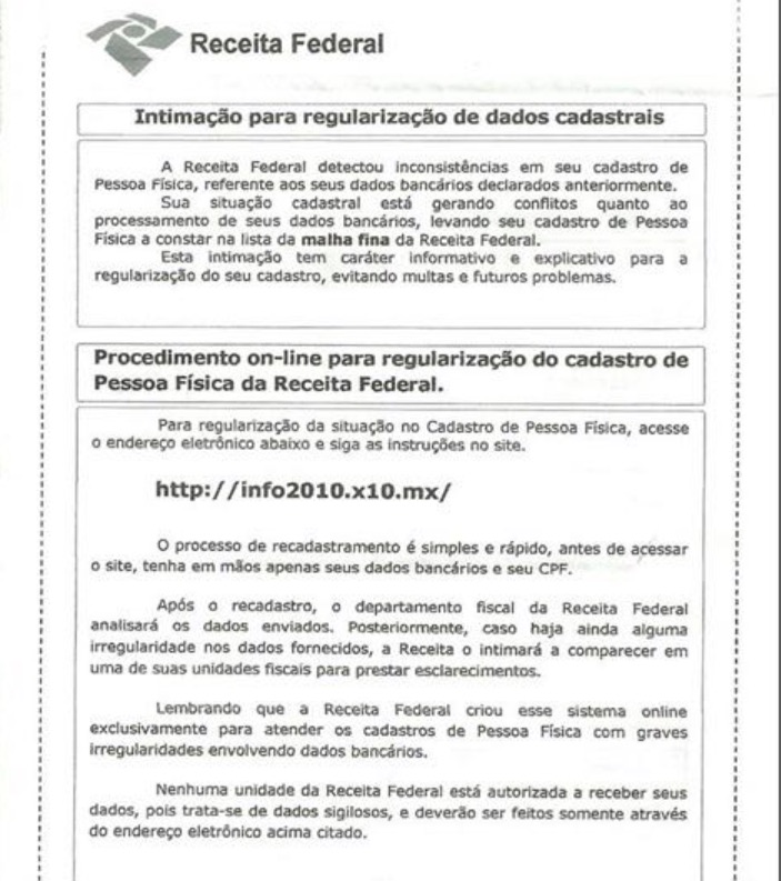Cartas que pedem atualização de dados bancários na Receita Federal são falsas