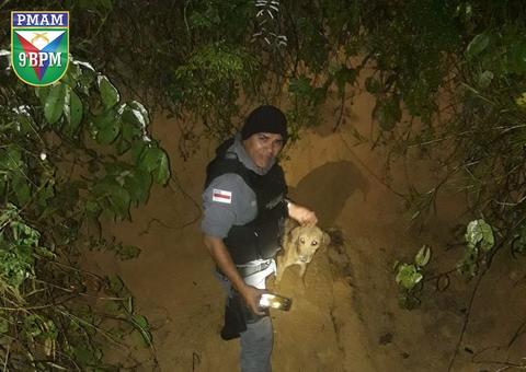 Cachorrinho é resgatado por PMs após cinco dias preso em fossa