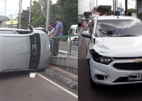 Duas pessoas são atropeladas e carro capota na Avenida Torquato Tapajós