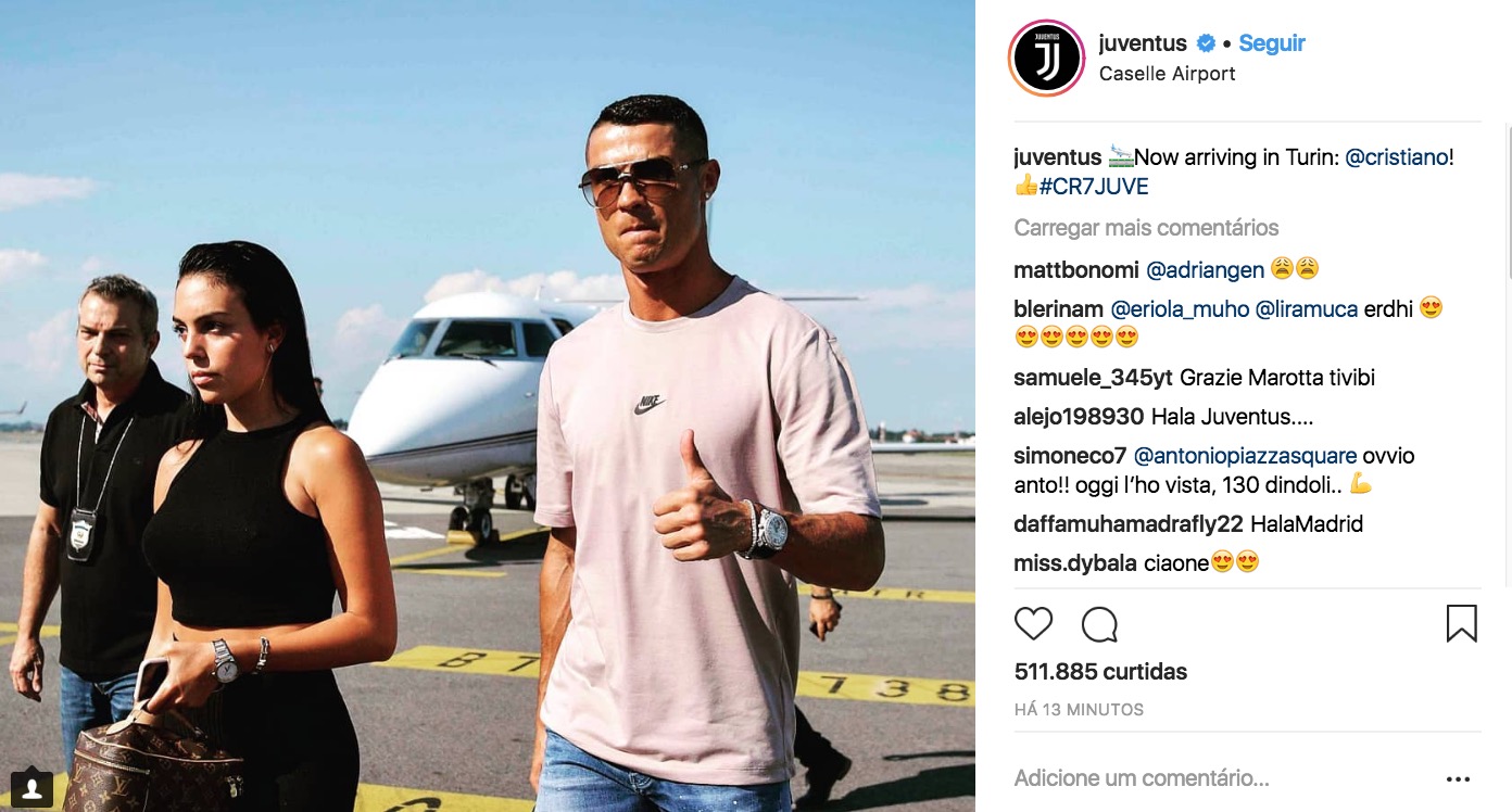 Cristiano Ronaldo chega com noiva na Itália para ser apresentado na Juventus