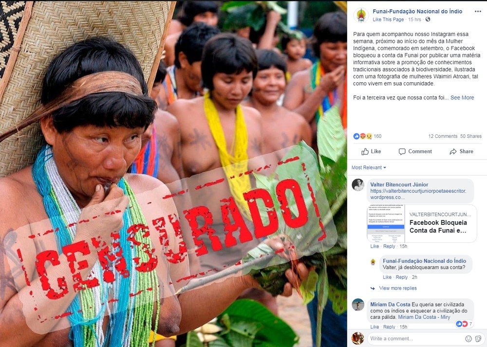 Facebook bloqueia conta da Funai por imagens de índias com seios nus