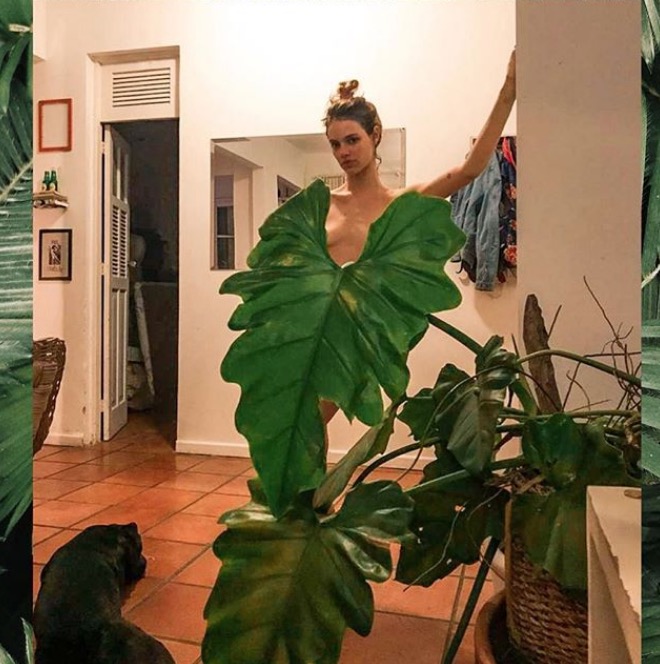 Laura Neiva posa nua, coberta apenas por planta