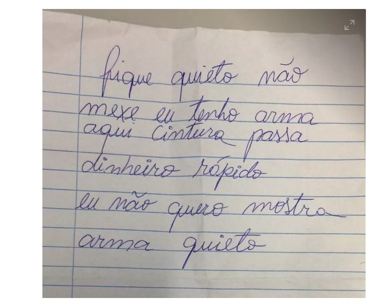  Assaltante mudo entrega bilhete anunciando roubo e é preso