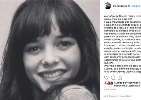 Glória Perez lembra morte da filha assassinada por ator da Globo