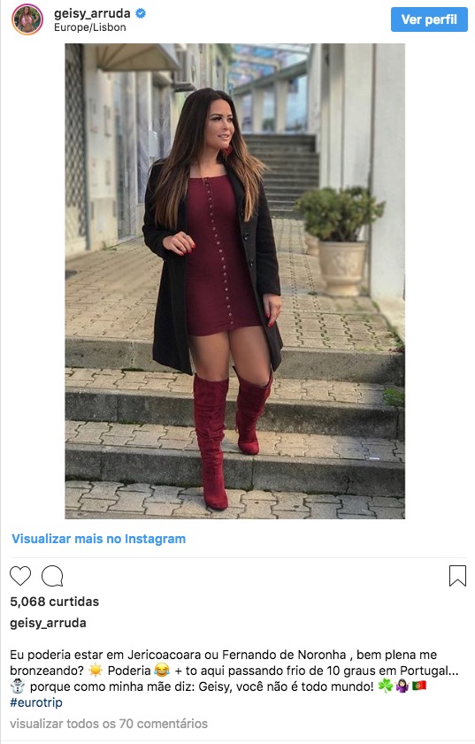 Geisy Arruda 'lamenta' virar o ano em Portugal: 'Poderia estar em Noronha'