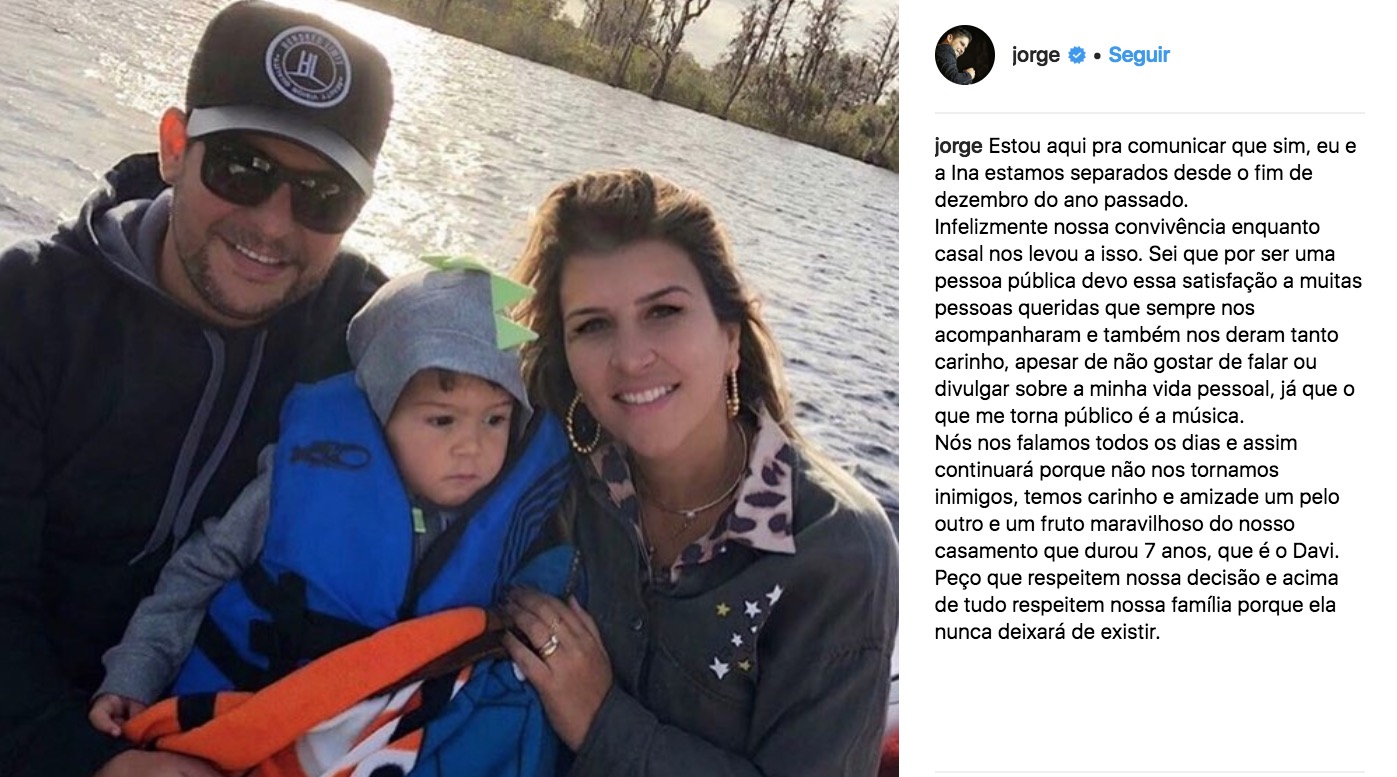 Após suposta traição esposa de Jorge pediu separação, afirma site