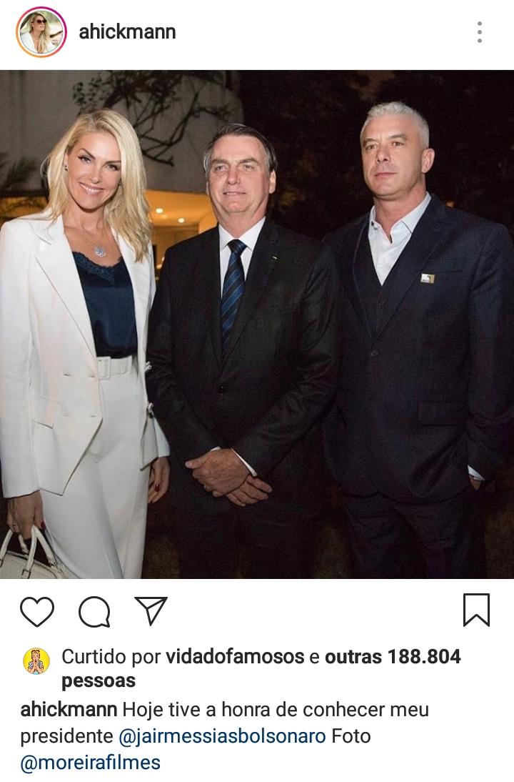 Ana Hickmann posta foto ao lado de Bolsonaro: ‘Meu presidente'
