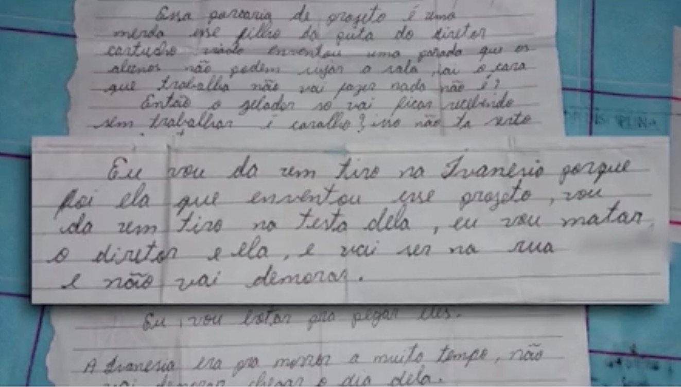 Em bilhete, aluno ameaça matar a tiros professora e diretor de escola no Amazonas