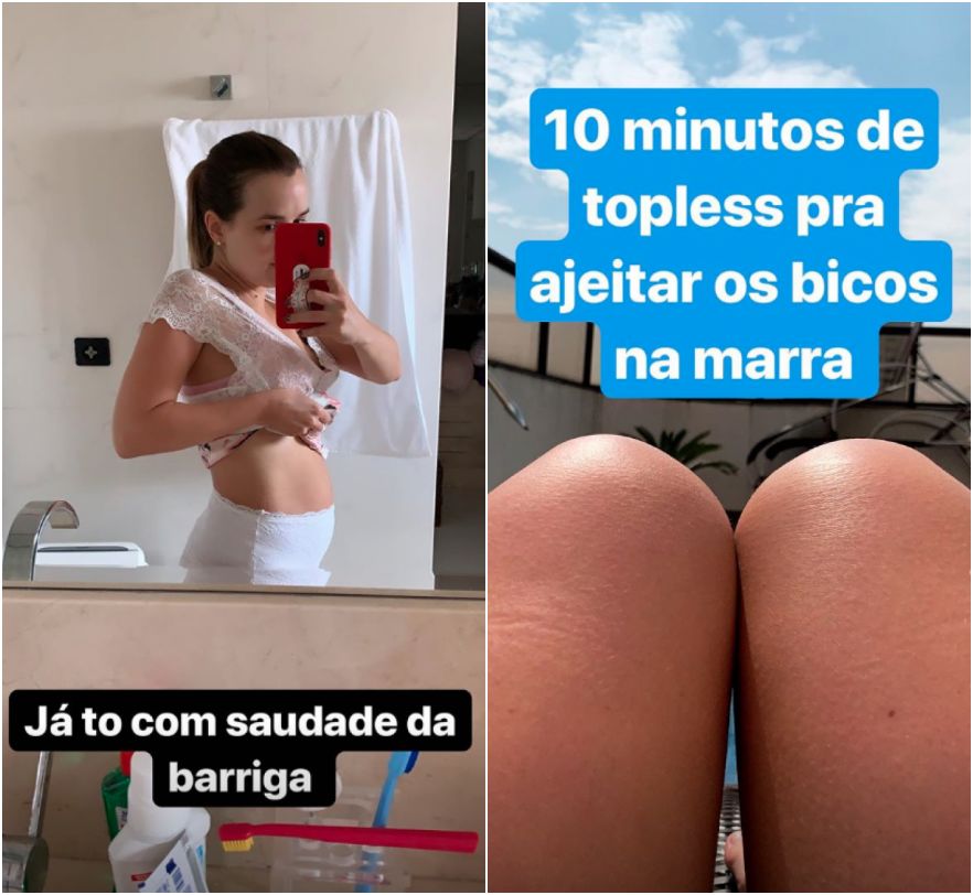 Thaeme exibe barriga 13 dias após o parto e pega sol de topless: 'ajeitar os bicos'