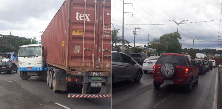 Em Manaus, carreta sofre pane mecânica em rotatória e deixa trânsito caótico