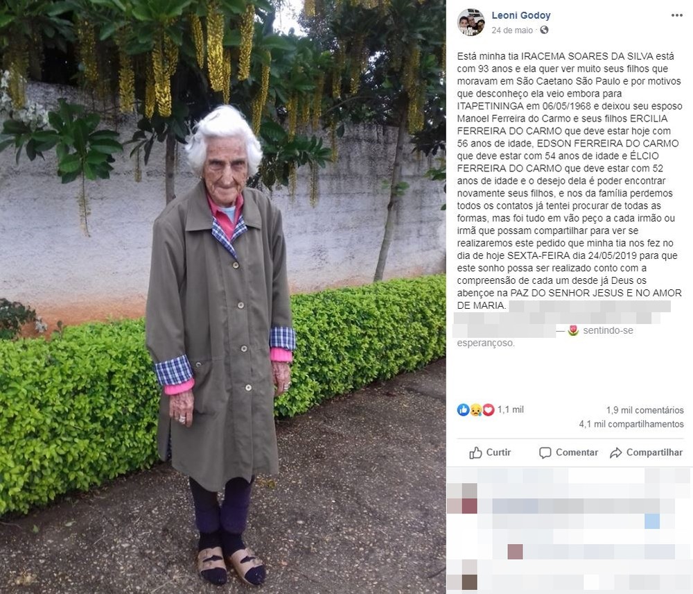 Após post na web, idosa reencontra filhos depois de 50 anos