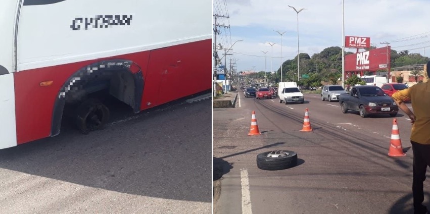 Roda de micro-ônibus se solta e por pouco não causa acidente em avenida de Manaus