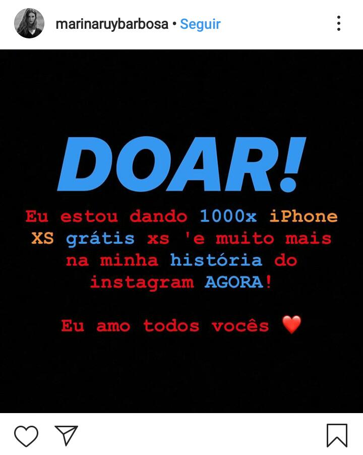  Hacker invade Instagram de Marina Ruy Barbosa e "doa" prêmios  