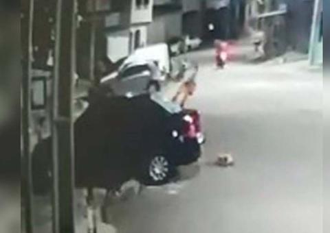 Vídeo mostra homem espancando cachorro a pauladas após animal urinar em pneu